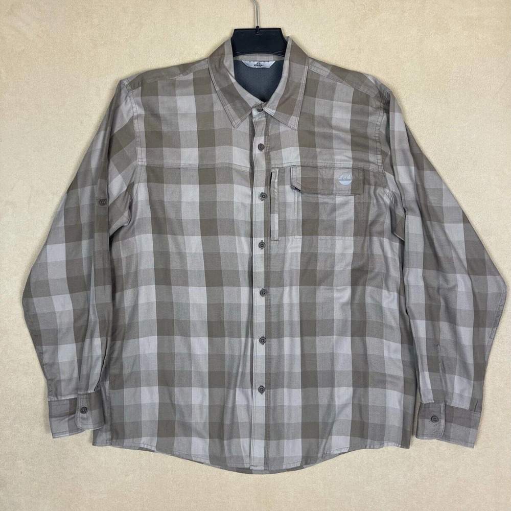 Wrangler Long Sleeve Button Up Shirt Mens L Zip Pocket Relaxed Fit Brown Plaid
